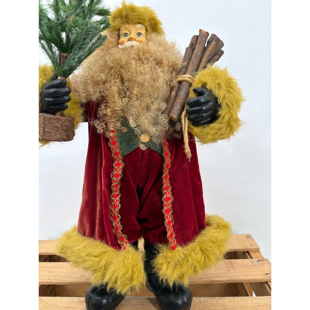 Vintage‎ Style Santa Claus Figurine Red Velvet Green Fur 18 Inch Christmas Decor